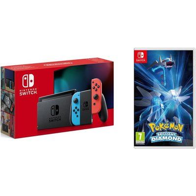 Nintendo Switch & Pokemon Brilliant Diamond Bundle - Neon Red & Blue