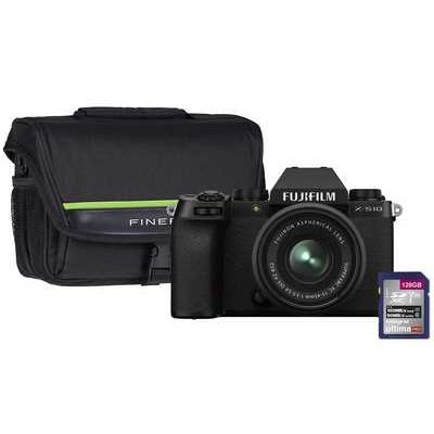 Fujifilm X-S10 Mirrorless Camera with 15-45mm f/3.5-5.6 OIS PZ XC Lens, 128GB SD Card & Case - Black