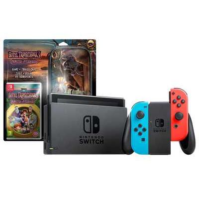 Nintendo Switch 1.1 Console Bundle with Neon Blue Red Joy-Con Controllers, Hotel Transylvania 3: Monsters Overboard Game & Travel Case