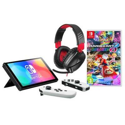 Nintendo Switch OLED Console White with Mario Cart 8 Deluxe and Turtle Beach Recon 70N Gaming Headset - Black/Red