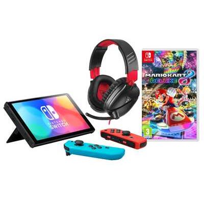Nintendo Switch OLED Console Neon with Mario Cart 8 Deluxe and Turtle Beach Recon 70N Gaming Headset - Black/Red